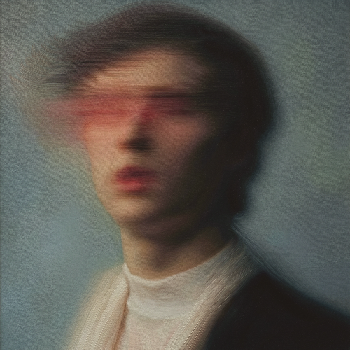 Heathcliff (1) — óleo sobre lienzo de JoCa: joven de cabello oscuro peinado hacia atrás, con los ojos difuminados en una franja roja horizontal y cuello alto blanco sobre un fondo gris azulado