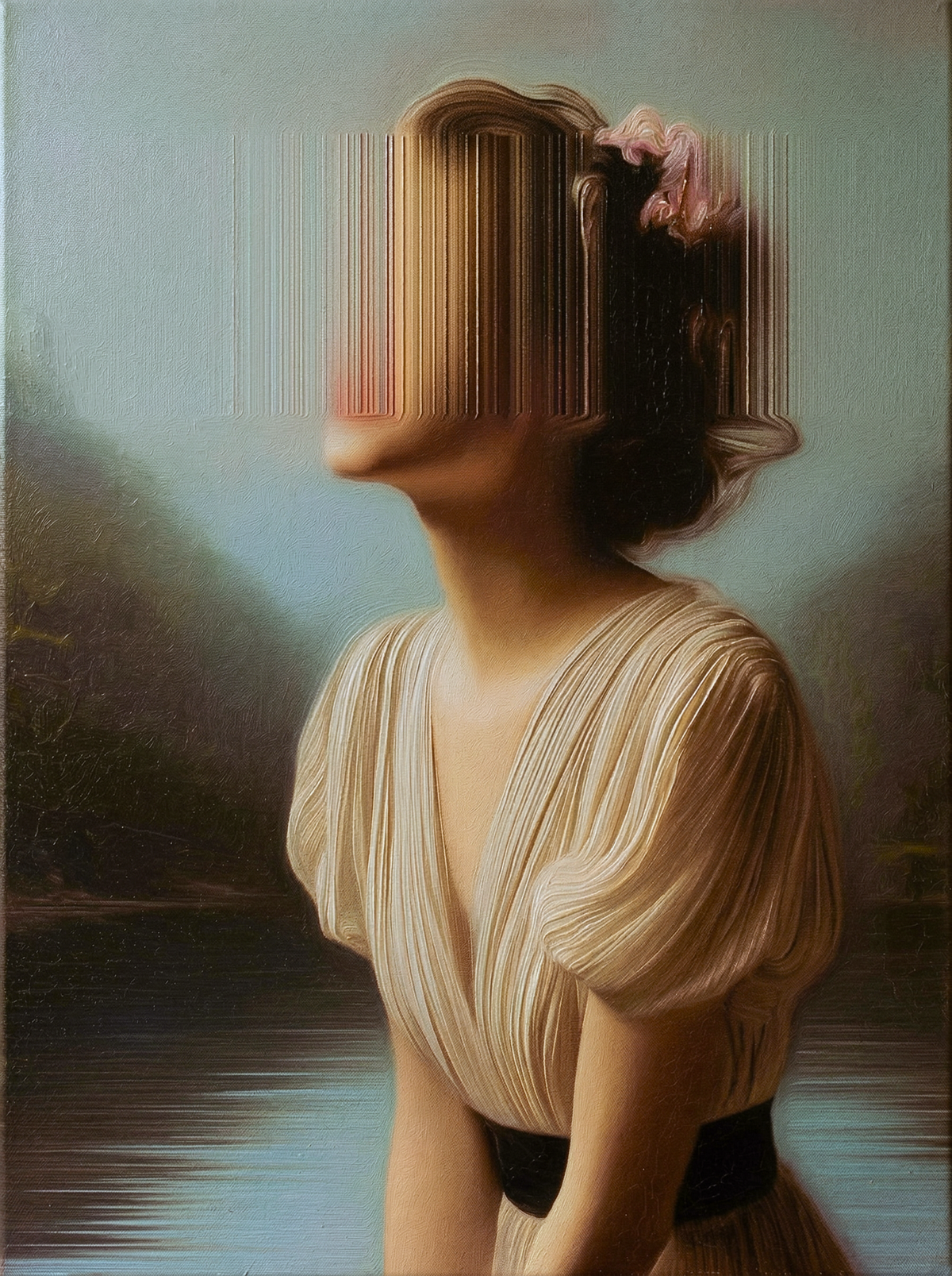 Jane Eyre (3) — oil on canvas by JoCa: a young woman in a pleated dress with a black sash turned three-quarters, her face erased by vertical glitch bands, pink flowers in her hair, a lake behind