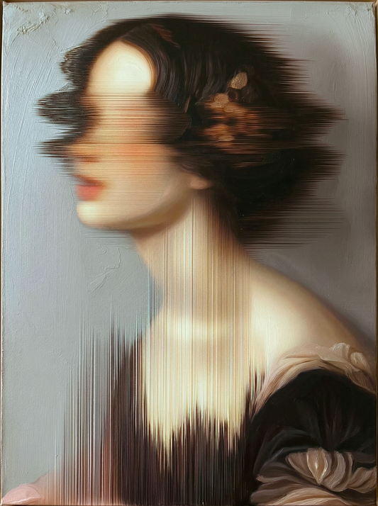 Currer Bell (Charlotte Brontë) — oil on canvas by JoCa: figure in profile with a gold hair ornament, face and neck streaked into lines