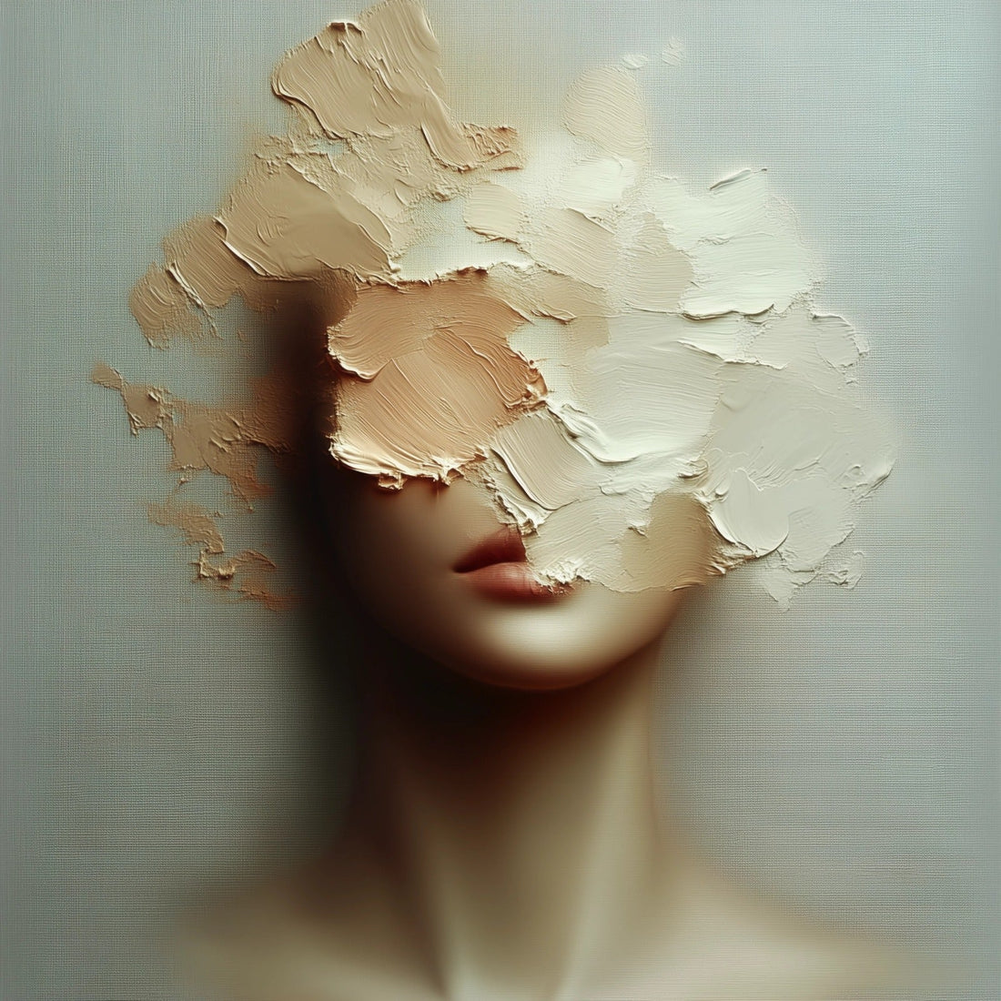 Sense (1) by JoCa, oil on canvas — thick cream and flesh-coloured impasto covering the eyes of a pale figure, lips and throat left smooth