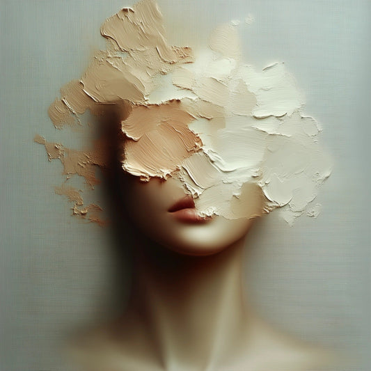 Sense (1) by JoCa, oil on canvas — thick cream and flesh-coloured impasto covering the eyes of a pale figure, lips and throat left smooth