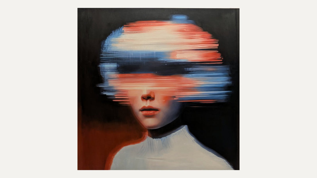 Nuclear Seed by JoCa, oil on canvas, 150 by 150 cm — red and blue horizontal streaks across the eyes of a figure in a white high collar against a near-black ground