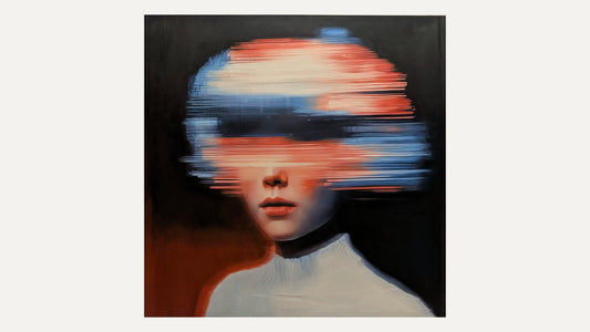 Nuclear Seed by JoCa, oil on canvas, 150 by 150 cm — red and blue horizontal streaks across the eyes of a figure in a white high collar against a near-black ground