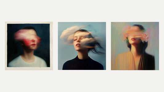 Three paintings from JoCa's Dreamer series shown side by side: The Dreamer (2), (7) and (19)