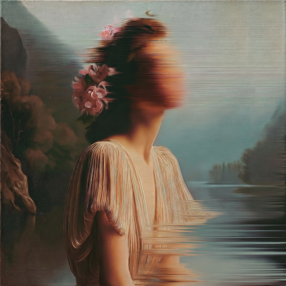 Agnes Grey — large oil on canvas by JoCa: a woman in a pleated cream dress standing in a lake, pink flowers in her hair, her face dissolving into horizontal blur, misty mountains behind