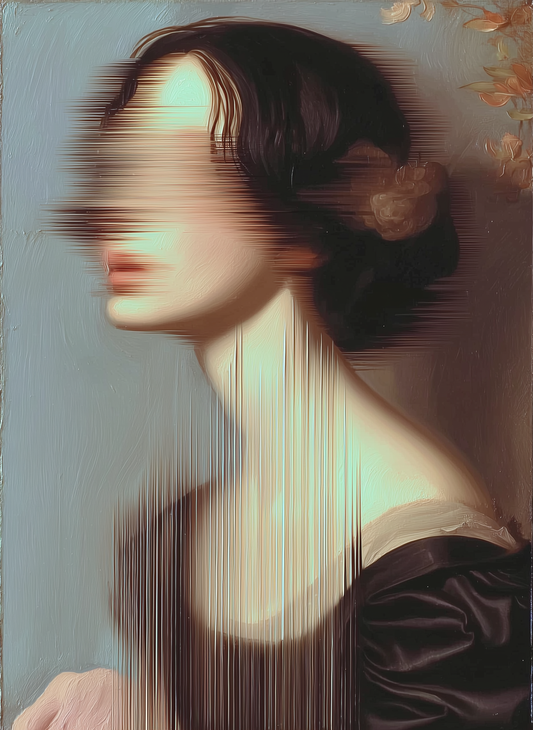 Currer Bell (Charlotte Brontë) 2 — oil on canvas by JoCa: figure in profile with dark hair, eyes smeared into horizontal streaks