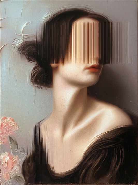 Ellis Bell (Emily Brontë) 2 — oil on canvas by JoCa: bare-shouldered figure, eyes hidden behind a vertical band of streaked color