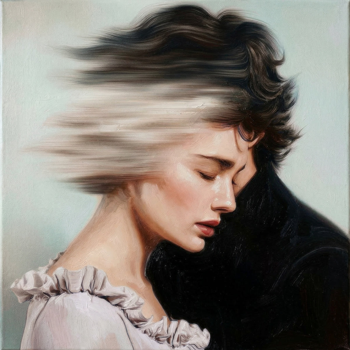 Cathy+Heathcliff — oil on canvas by JoCa: a woman with eyes closed and hair dissolving into a horizontal blur leans against a man in dark clothing, pale blue-grey ground