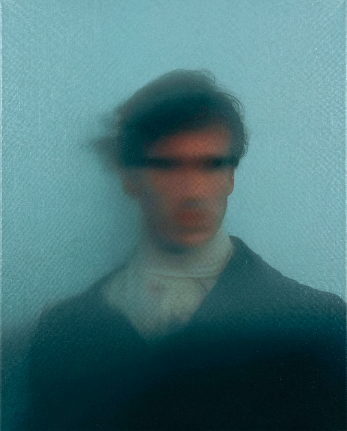 Dark Eyed Sailor (2) — óleo sobre lienzo de JoCa: hombre con abrigo oscuro y pañuelo claro, una franja oscura difuminada sobre los ojos y fondo aguamarina pálido