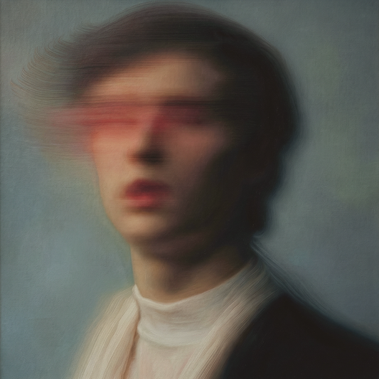 Heathcliff (1) — oil on canvas by JoCa: young man with swept dark hair, eyes blurred into a red horizontal streak, white high collar against a blue-grey ground