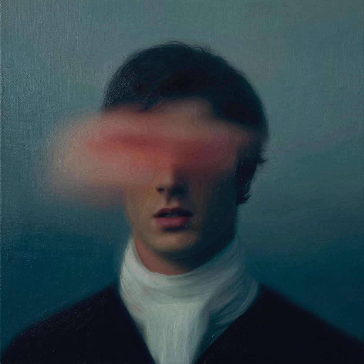 Heathcliff (3) — óleo sobre lienzo de JoCa: joven de cabello oscuro cuyos ojos desaparecen tras una suave mancha rosa, con pañuelo blanco al cuello sobre un fondo verde azulado profundo