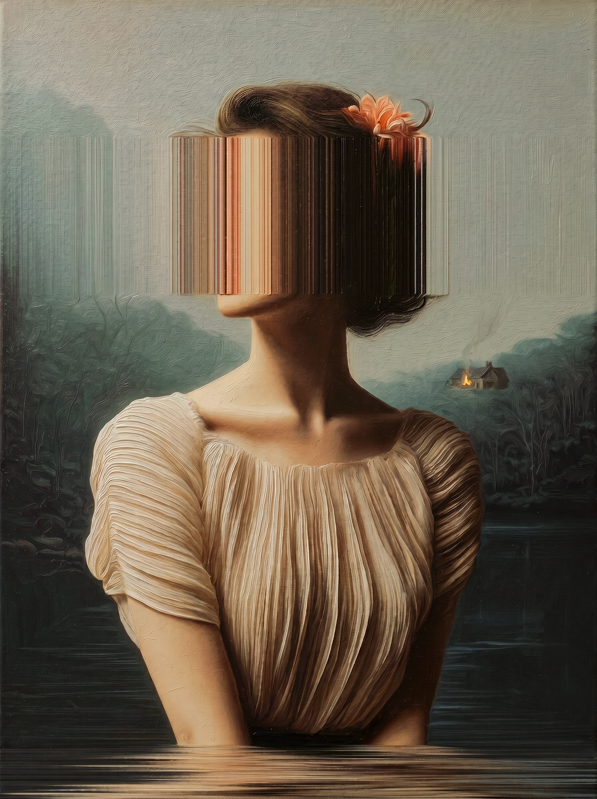 Jane Eyre (1) — oil on canvas by JoCa: a young woman in a pleated blouse facing forward in still water, her face hidden by vertical glitch bands, an orange flower in her hair, a lake and small house behind