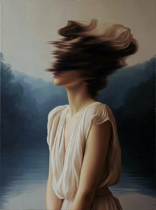 Winter's Morning (2) — oil on canvas by JoCa: figure in a pale gown, face lost in blurred hair, lake and hills behind
