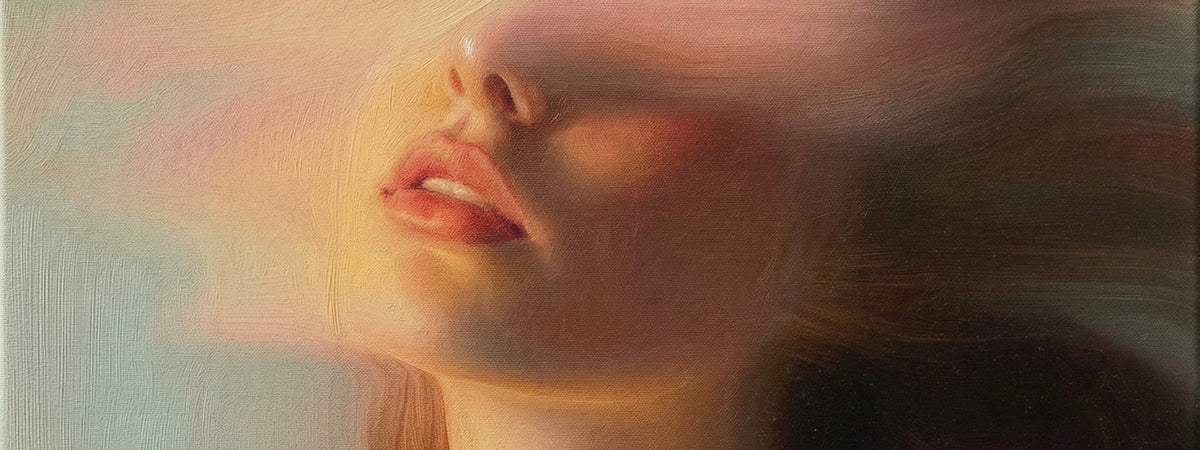 The Dreamer (17) by JoCa — detail of the oil painting, warm ochre and rose brushwork sweeping across the face