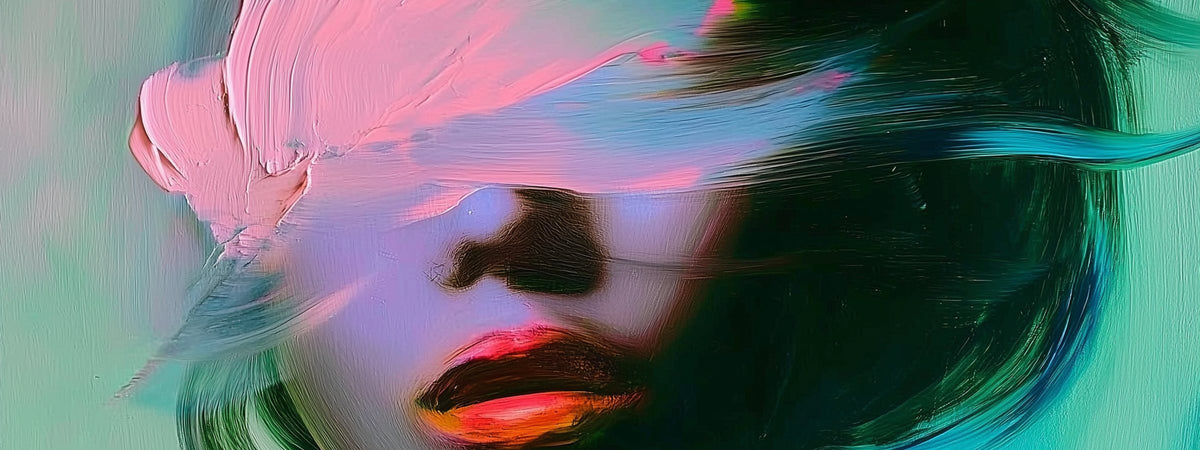 Chromatic Dreams (20) by JoCa — detail of the oil painting, pink impasto across the eyes against turquoise and green