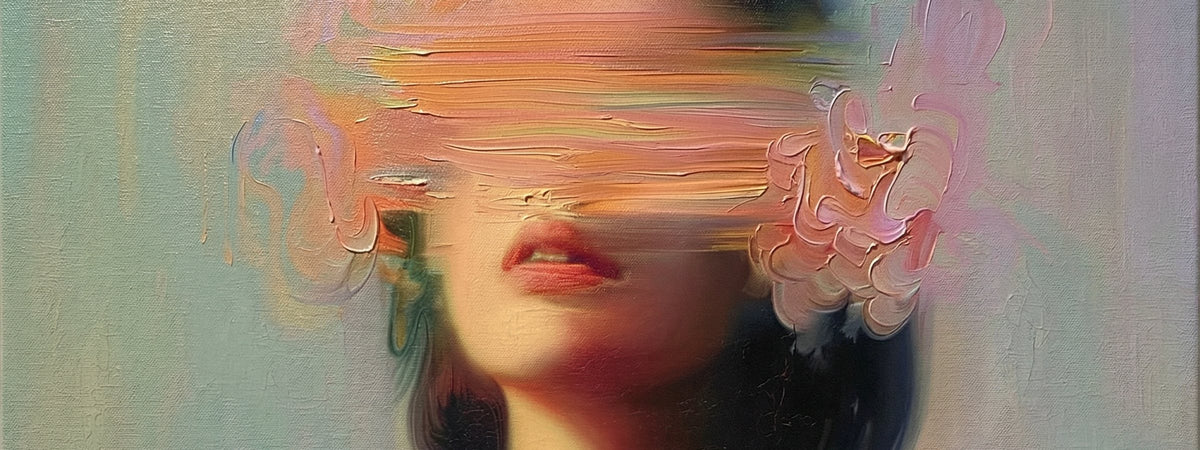 The Dreamer (19) by JoCa — detail of the oil painting, hard horizontal glitch bands across the eyes with painted blossoms at the temple